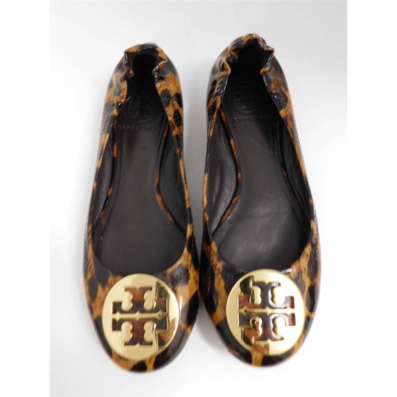 Tory Burch Reva Brown Animal Print‎ Patent Leather Medallion Ballet Flats 6.5 M - Picture 3 of 6
